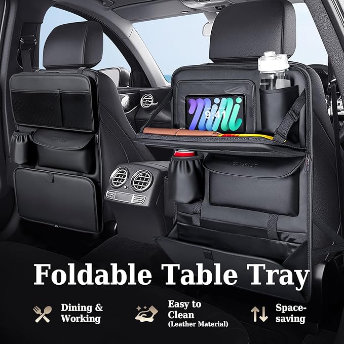 Coverado Backseat Car Organizer 2 Packs, Nappa Leather Car Seat Organizer with Touch Screen Tablet Holder, Foldable Food Tray, Kick Mats Protector, Multi Car Storage Accessories, Garbage Bag Holder