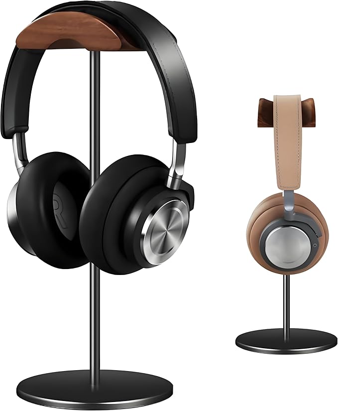 Headphone Stand Holder Headset Holder with Wood and Aluminum Desktop Headphone Stand Headset Stand for Desk with Solid Heavy Base Wood Headphones Stand for All Headphone Sizes (Black)