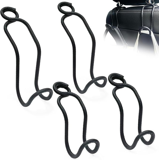 Idefair Car Headrest Hooks, 4 Pack Universal Car Hooks for Bag Purse Groceries, Heavy Duty Car Seat Back Storage Organizers Holds Up to 60LBS/Per Hook - Black Leather/2S+2L