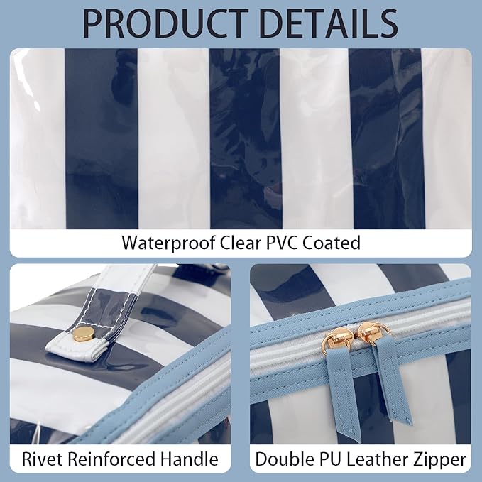 DYSHAYEN Stripe Travel Makeup Bag with Compartments Clear Coated Cosmetic Bag for Women, Waterproof Portable Open Flat Toiletry bag （White-Navy）
