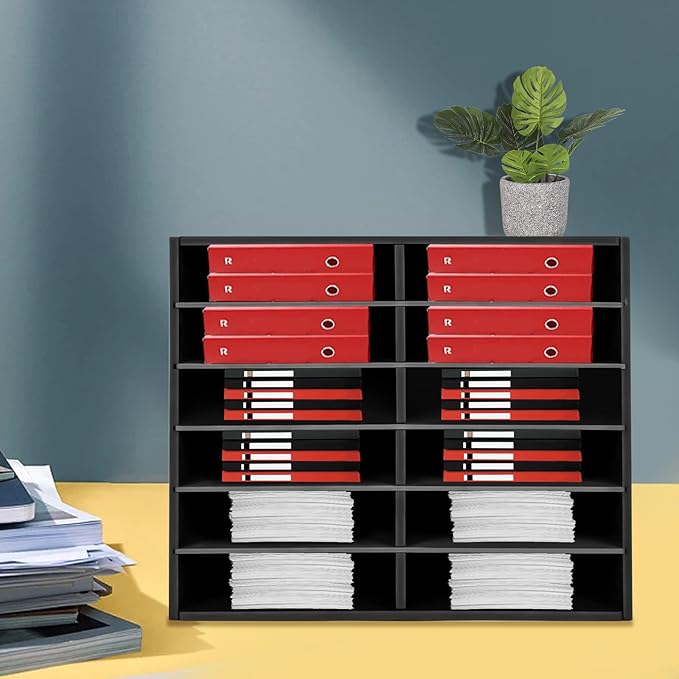 Literature Organizer Sorter for Desk, 12 Slots Adjustable File Sorter Mail Organizer, Paper Sorter Organizer, Open Design Paper Storage Mailbox for Office School Classroom, Black