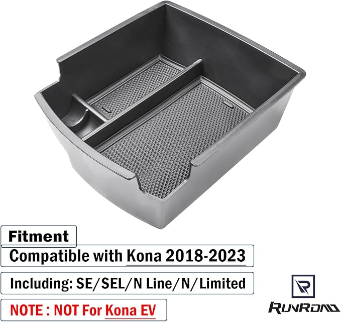 RUNROAD Center Console Organizer Tray Compatible with Hyundai Kona 2018-2023 Accessories, Insert Armrest Tray Console Storage Box Kona Organizer ABS Dividers Coin Holder, Black