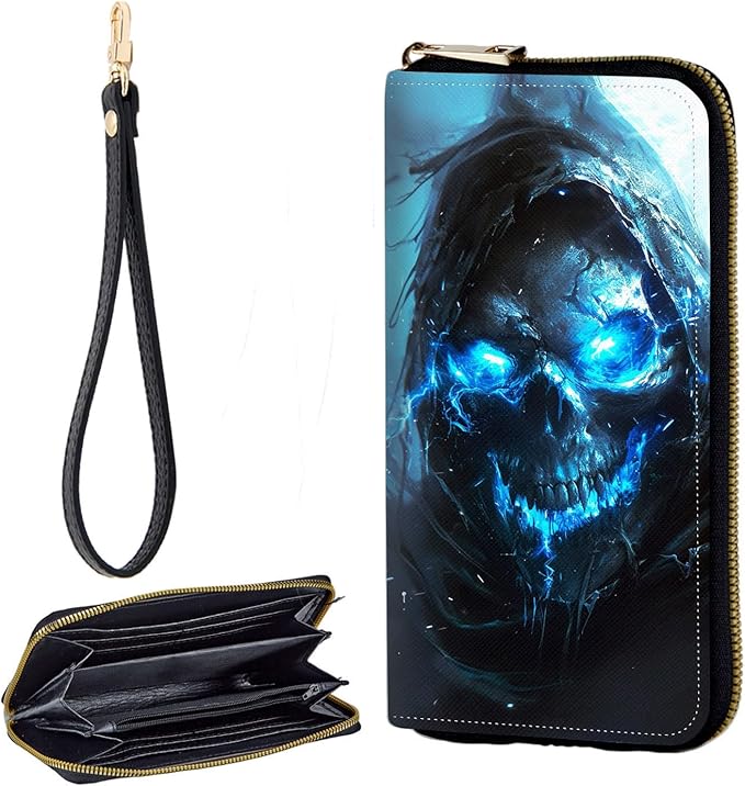Zip Around Wallets for Women with Detachable Wrist Strap, Large Capacity RFID Blocking Leather Purse Organizer Card Holder Wristlet,Blue Glow Skull