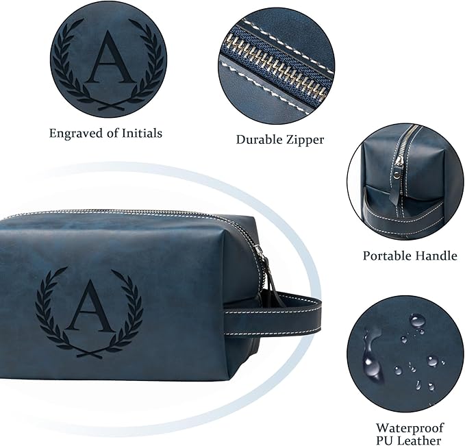 Personalized Gifts Travel Toiletry Bag for Men Engraved Initial PU Leather Waterproof Shaving Bag for Toiletries Accessories Fathers Day Birthday Gift for Men Dad Husband Son, Dark Blue W