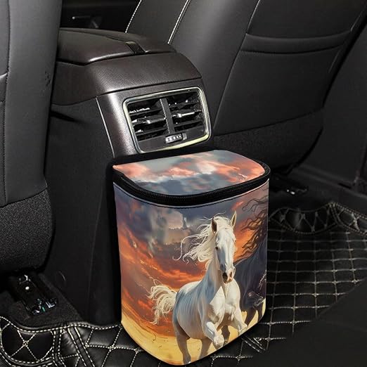 Biyejit Sunset Horse Car Trash Can with Lid Car Accessories Leak Proof Car Trash Bag Hanging Waterproof Car Garbage Can Multipurpose Storage Container for Back Seat Road Trip