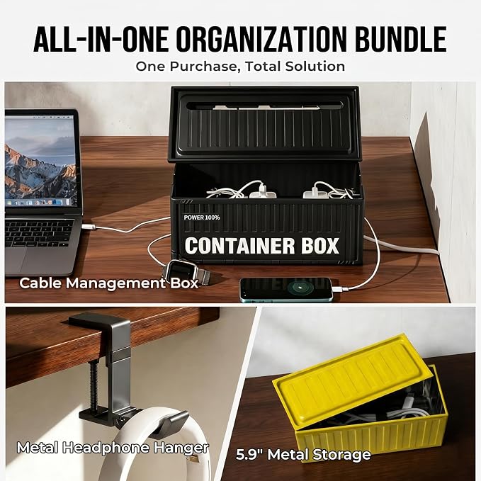 NEXIL Cable Management Box Kit - Cord Organizer Box to Hide Power Strips & Cables, 3-Piece Desk Cable Management Set with Headphone Hanger & Metal Storage Tin, Matte Black