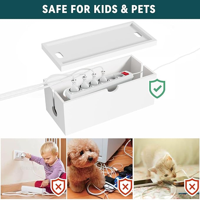 Bamboo Cable Management Box, Large Cord Organizer Box Cable Box to Hide Wires & Power Strips for Desktop Storage Cord Holder for Office Home,No Assembley Required (All White, 2 Packs(M+L))