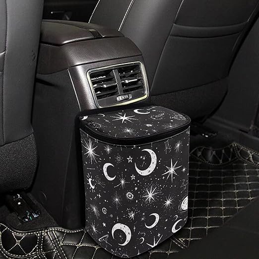 Moon and Star Car Trash Can with Lid - Leak Proof Car Trash Bag Hanging Waterproof Garbage Can - Multipurpose Storage Container for Back Seat Road Trip, Black