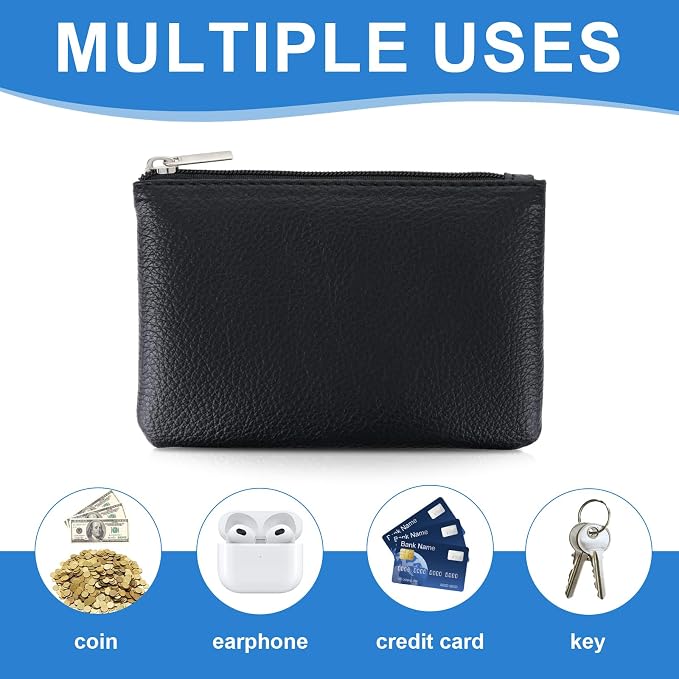 2 Pack Leather Zipper Coin Purse, Portable PU Leather Coin Purse,Mini Coin Pocket Pouch Change Holder, Coin Pouch with Zipper for Men Women Headset Credit Card ID Key Lipstick (Black&Purple)