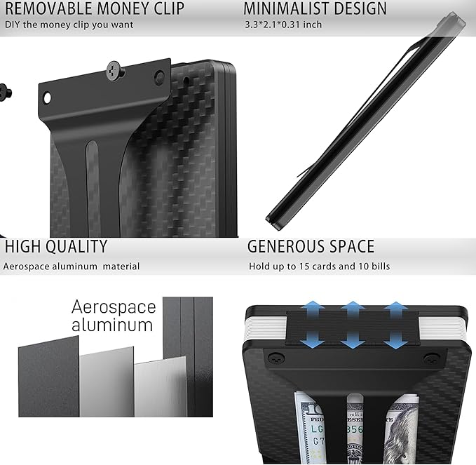 Slim Wallet for Men,RFID Blocking Minimalist Metal Wallet, Money Clip/Cash Holder, Front Pocket Aluminum Credit Card Holder, Ideal Gift for Men,Carbon Fiber