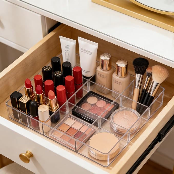 Widousy Acrylic Drawer Organizer, Expandable Drawer Organizer Trays, Desk Organizers and Accessories, Adjustable Compartments Desk Accessories for Makeup Utensil Junk Office Kitchen Bathroom