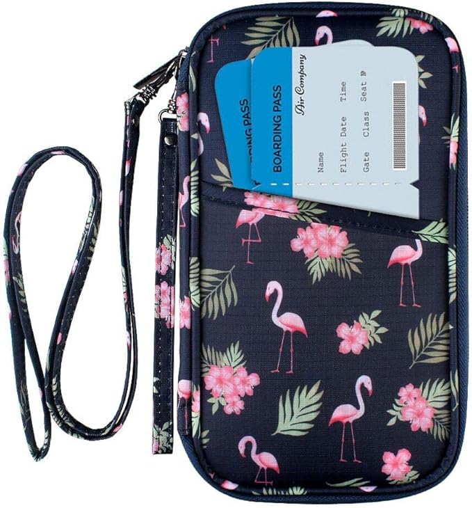 RFID Passport Wallet with Vaccine Card Slot, Family Travel Passport Holder Document Organizer Bag with Wrist & Neck Double Strap