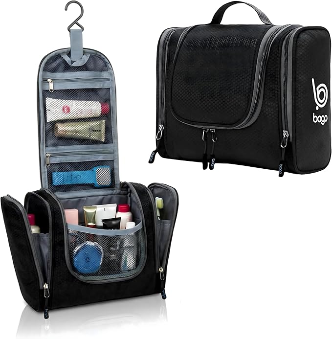 Bago Travel Toiletry Bag for Women and Men - Large Waterproof Hanging Large Toiletry Bag for Bathroom and Travel Bag for Toiletries Organizer -Travel Makeup Bag (Black)