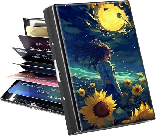 Metal Wallet for Women Men Girls, RFID Blocking Slim Aluminum Credit Card Holder, Mini Travel Wallet with Hard Shell, Lightweight ID & Business Card Case,Sunflower Girls