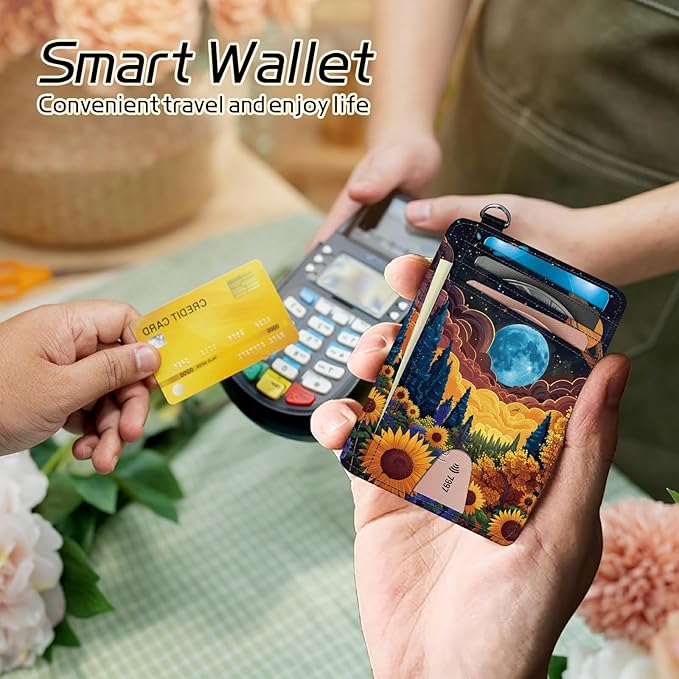 Small Travel Wallets, Starry Sunflowers Cosmic Planet Slim Minimalist Front Pocket Wallet with Wristlet, RFID Blocking PU Leather Credit Card Holder with ID Window Change Purse for Men Women