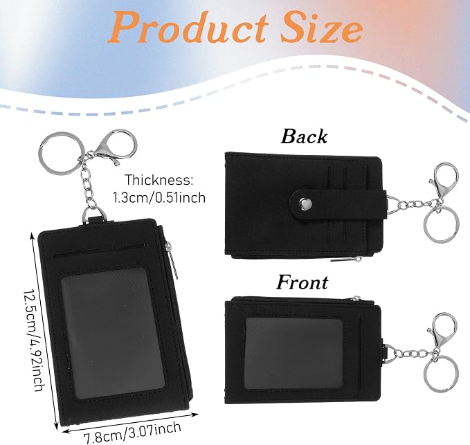 Slim Keychain Card Holder for Men, Black Zipper Slim Minimalist Wallet with Id Window Front Pocket Keychain Card Holder for Men & Women