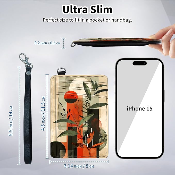 Slim Minimalist Front Pocket Wallet,Credit Card Holder Wallet for Women Men,RFID Blocking Credit Card Holder Case Leather Cute Small Thin Wallet ID Window&Wrist Strap,Art Moon Tree