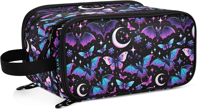 MNSRUU Large Capacity Makeup Bag, Neon Purple and Bats Stars and Moons Cosmetic Bag Portable Toiletries Pouch with Compartments Makeup Organizer Case for Travel Women