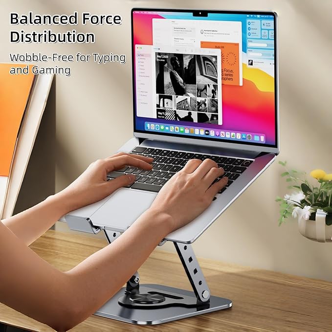 Laptop Stand for Desk, 360° Rotating Adjustable Metal Foldable Laptop Riser with Minimalist Football Vent Pattern, Ergonomic Computer Notebook Holder for MacBook, Dell, HP 10-17.3", Silver