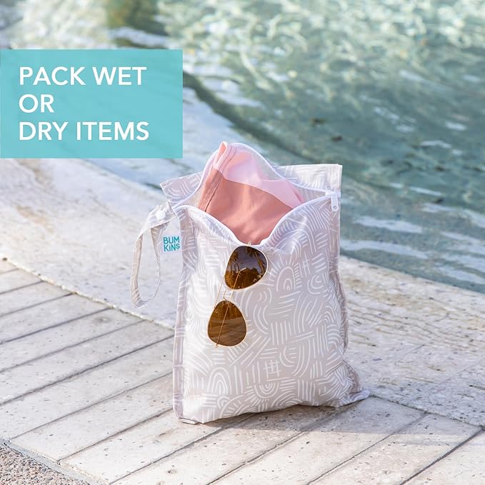 Bumkins - Waterproof Wet Bag, Wet/Dry Clutch & Clear Travel Bags - For Beach, Baby, Travel, Cloth Diapers, Pump Parts, Pool, Gym, Toiletries - Reusable & Easy to Clean - Boho Beige - 5 Pack