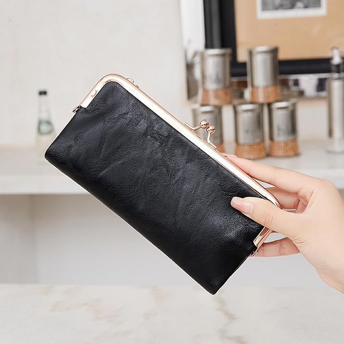 Vintage Wallets for Women Large Bifold Kiss Lock Wallet for Women Leather Zip Clutch Coin Purse