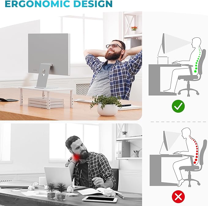 BONTEC Monitor Stand 2 Pack Height Adjustable Metal Riser with Pen Holder, White, 14.5??x 9.1?? Ergonomic Desktop Stand for Computer, Printer, Laptop, Adjustable Desk Riser with Cable Management