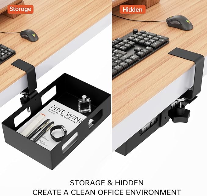 2 Pack Clamp-on Swivel Organizer, Under Desk Hidden Storage Drawer with Cable Hole, Hanging Metal Basket for Extender Space