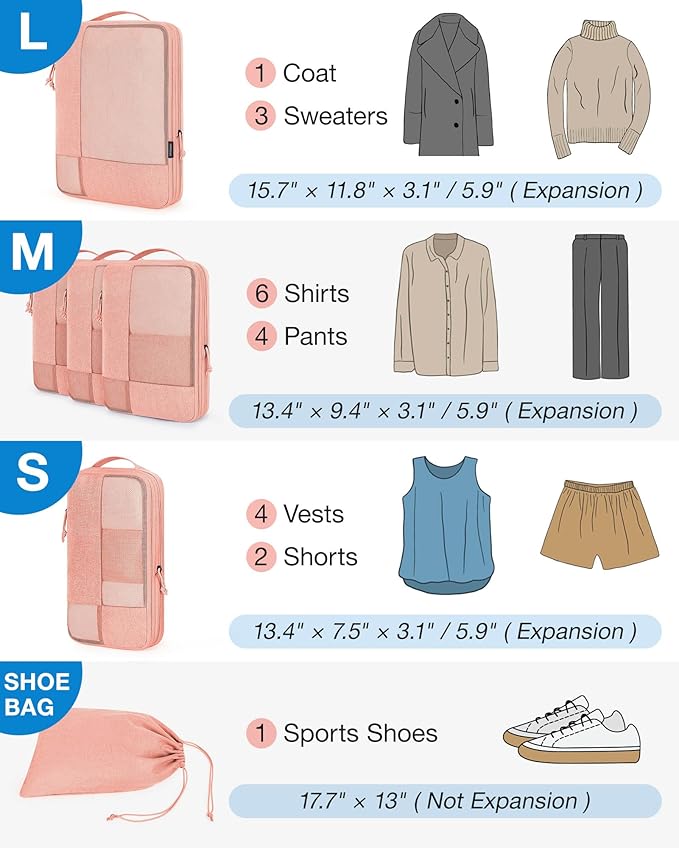 BAGSMART Compression Packing Cubes for Travel, 6 Set Packing Cubes for Carry on Suitcases, Compression Travel Cubes & Suitcase Organizer for Packing with Shoe Bag Orange