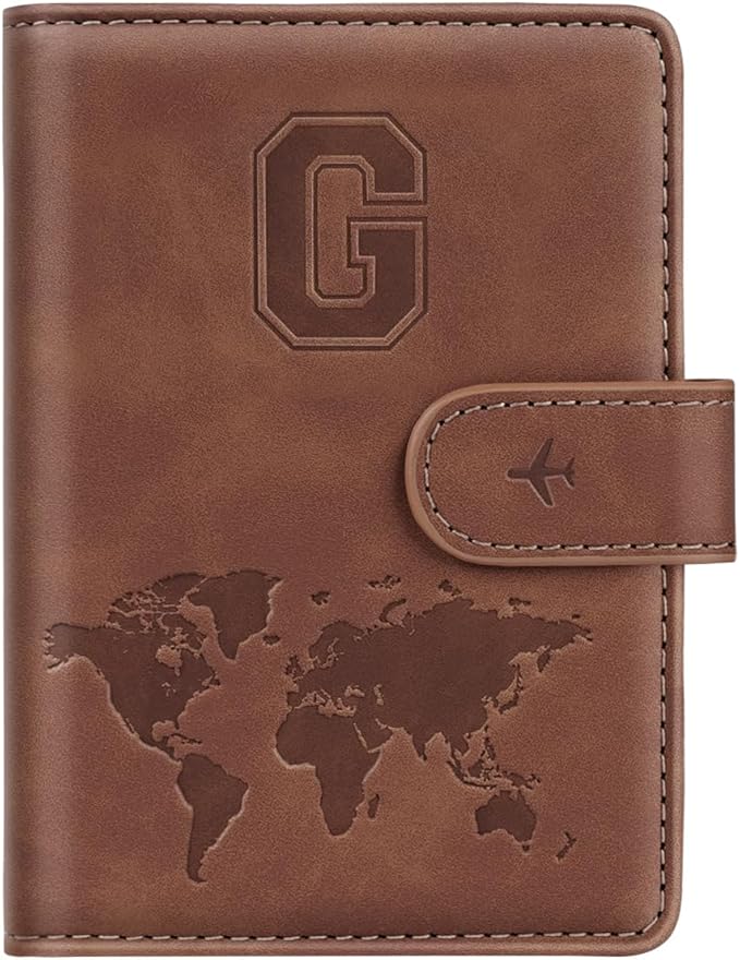 Passport Holder Wallet Cover Personalized Letter A-Z Travel Wallet RFID Blocking Passport Cover Wallet Case for Travel Passport Book Holders for Women and Men, Brown-G