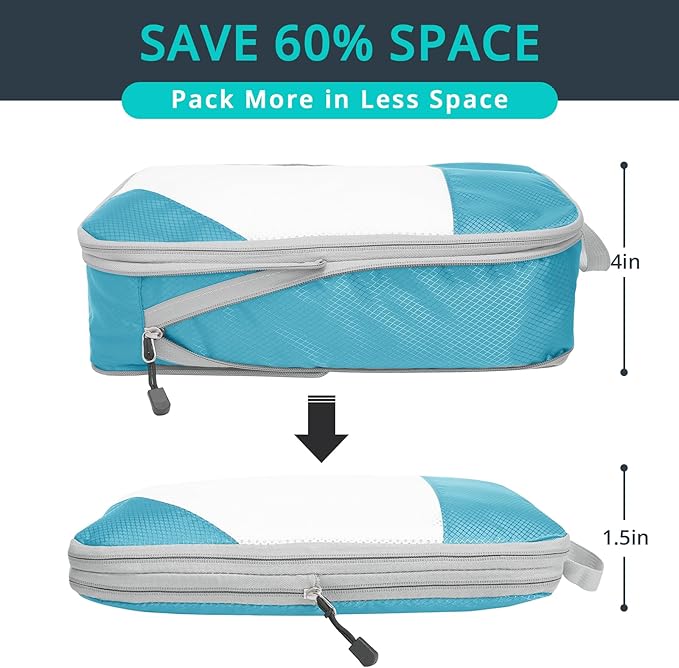 Compression Packing Cubes 6 Set, Compressible Space-Saving Packing Cubes for Travel - Compression Bags, Luggage Organizer, Travel Essentials for Women, Teal