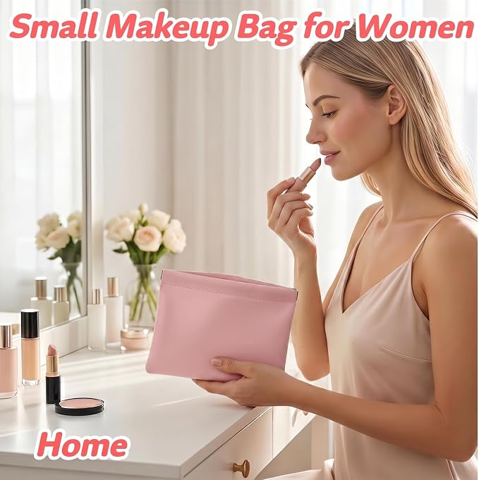 4 Pack 7.1"×5.5" Small Makeup Bag for Purse, Magnetic Large Pouches for Purse Organization, Soft PU Leather Mini Travel Organizer Pouch for Women's Cosmetics Lipstick Cash Credit Card