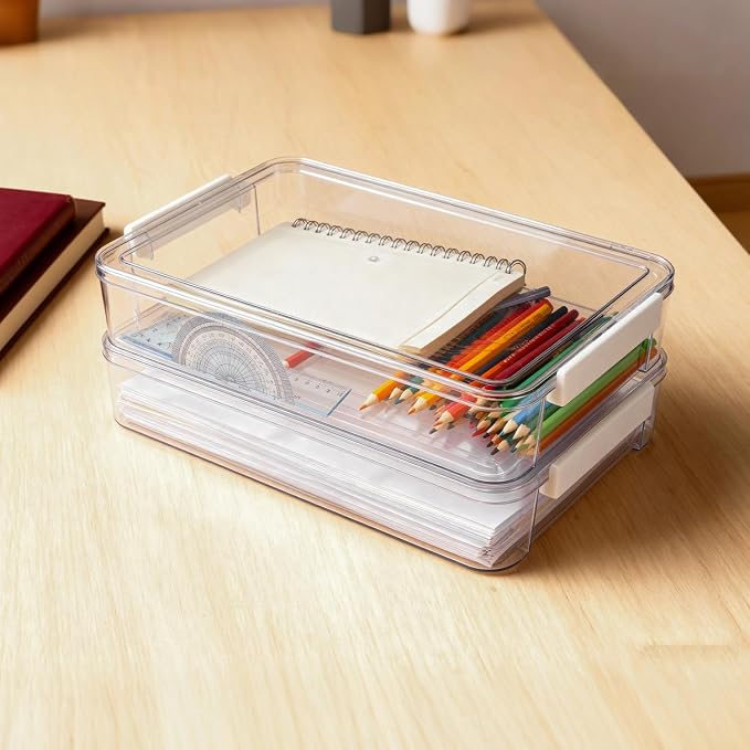 Clear Stackable Storage Box, Document Organizer with Lid, A4 Size File Container, Office Desktop Organization 13.66 * 9.21 * 2.56 Inch