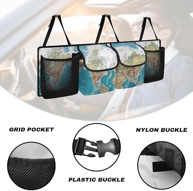 World Map Design Car Trunk Organizer,Backseat Hanging Large Storage with Adjustable Straps,Collapsible Cargo Bag,Car Interior Accessories Not Easy to Fade Machine Washable