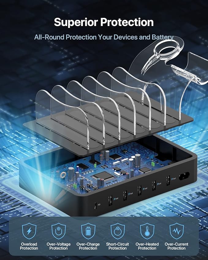 SooPii 6-Port PD Charging Station for Multiple Devices, 20W PD USB C Fast Charging for lPhone 14/13/12,6 Short Cables Included, 2 in 1 Holder,for Phones,Tablets and Others,Black