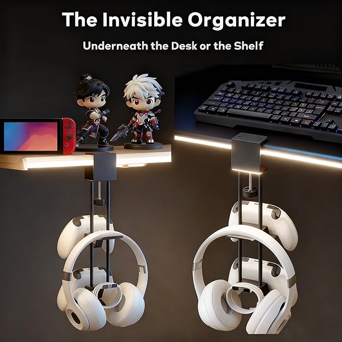 Headphone Stand with Controller Holder, Aluminum Under Desk Clamp Headset and Controller Stand - 2 in 1 Headphone Hanger for Desktop PC Gaming Accessories Organizer with PS5 Xbox Series S