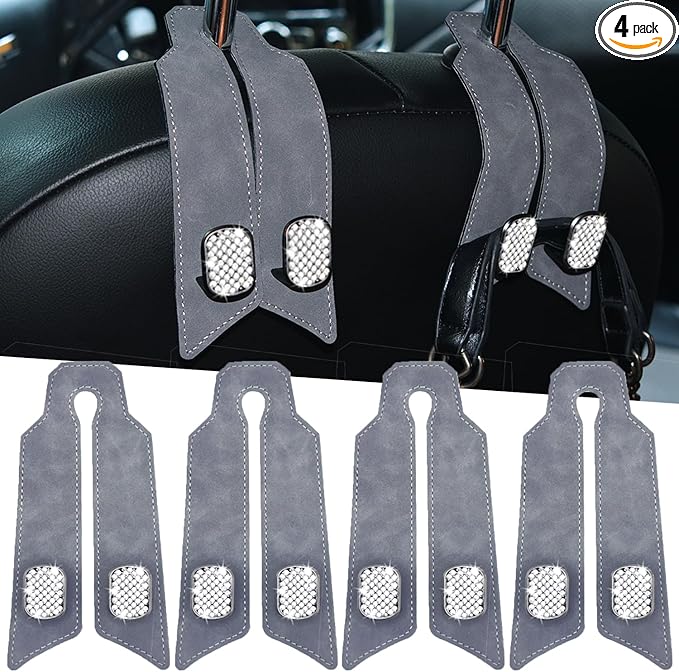 Purse Hook for Car, Car Hooks for Headrest Universal Purse Holder for Car, Bling Car Seat Hooks for Headrest, Car Seat Back Storage Hook (4 Pack, Gray)