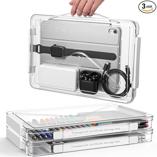 Novabright 3 Pack Clear Plastic File Boxes with Handle Portable Project Case Storage Bin with Lid Transparent Stackable Container Document Magazine Protector for A4 Paper Photo Scrapbook (White)