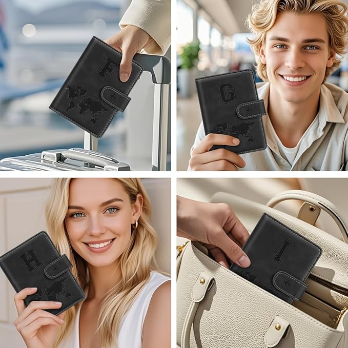 Passport Holder Wallet Cover Personalized Letter A-Z Travel Wallet RFID Blocking Passport Cover Wallet Case for Travel Passport Book Holders for Women and Men, Black-H