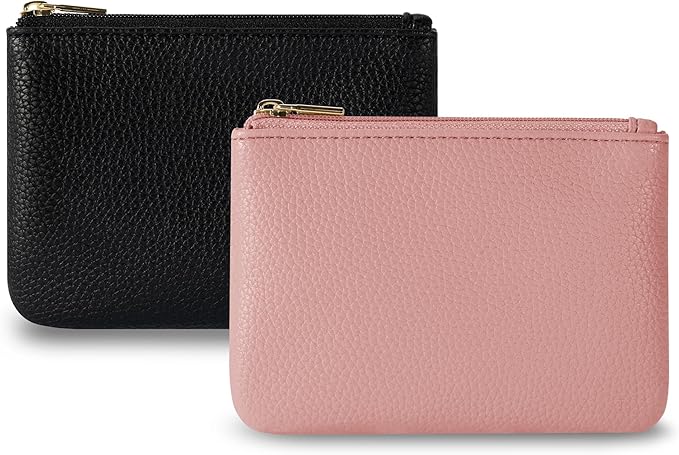 Chelmon PU Leather Coin Purse Pouch Change Holder Small With Zipper for Men Women 2 PCS Set (Black&Pink)