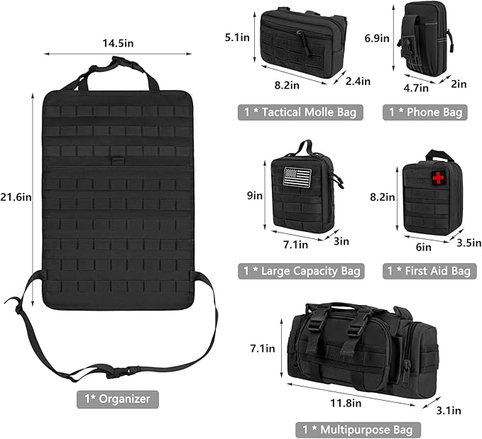 Tactical Car Seat Back Organizer Bag - Tactical Molle Vehicle Organizers Panel with 5 Detachable Pouches for Car Truck Ford Jeep Vehicle (Black Regular)