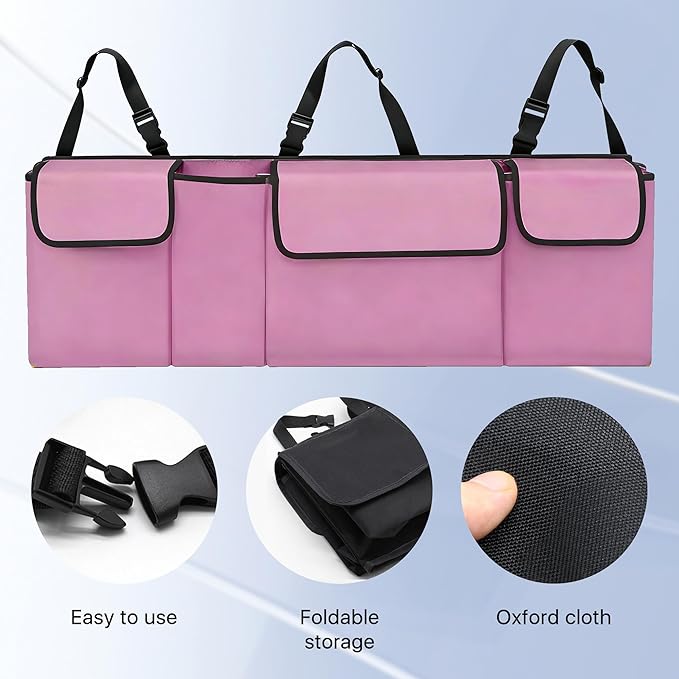 Car Trunk Organizer, Waterproof Backseat Hanging Large Storage with Adjustable Straps, Collapsible Cargo Bag with 4 Pockets, Car Interior Accessories for Truck, SUV, MPV (Pink)