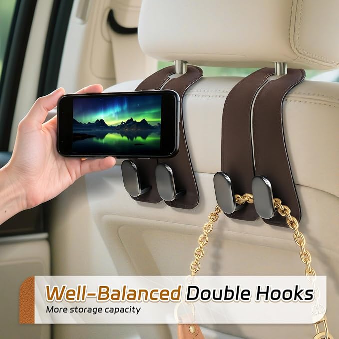 Car Seat Headrest Hooks - 4 Pack Universal Car Purse Hook, Leather Car Bag Purse Holder with Double Metal Hooks for Handbags, Grocery Bags, Bottles, Phones, Brown