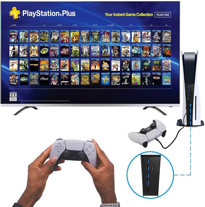 USB Port Hub for PS5, 5 Port USB Extender High-Speed Transmission Expansion Adapter Converter Splitter with 4 USB 2.0 Port+1 USB Charging Port+1 Type C 3.1 Port for PlayStation 5 Gaming Console-Black