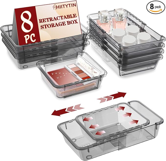 8 PCS Black Expandable Drawer Organizer, Large Drawer Organizers and Storage, Vanity Dividers, Acrylic Storage Bins for Makeup, Jewelry Gadgets for Kitchen, Bedroom, Bathroom, Office