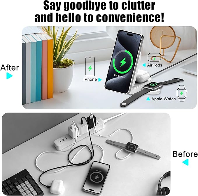 3 in 1 MagSafe Wireless Charging Station, 15W Magnetic Fast Charger for iPhone 17/16/15/14/13/12 Series, Apple Watch & AirPods, Foldable Portable Charging Stand for Desk, Bedside & Travel, White