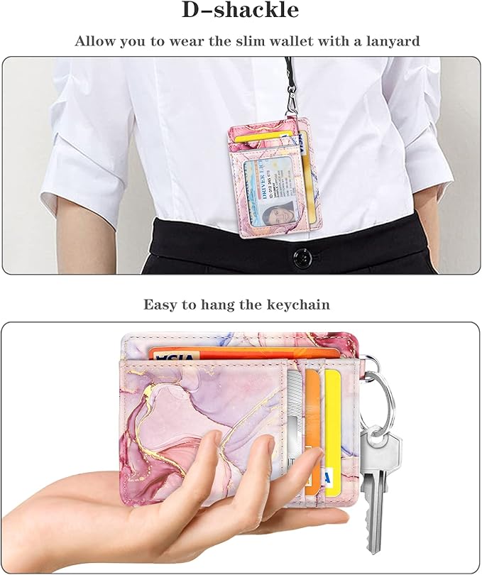 Coco Rossi Slim Front Pocket Wallet RFID ID Card Holder Cute Small Wallet with Keychian for Women,Waterolor Pink