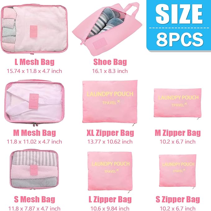 8 Set Packing Cubes for Travel Luggage Packing Bags Reusable Waterproof Suitcase Organizer Cubes Set with Shoe Bag and Toiletry Bag (Pink)