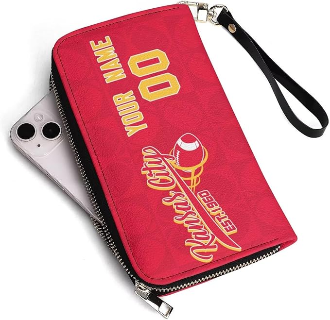 Custom Sports Team Zip Organizer Wallet-Personalized PU Leather Wallet with Name Number,Multi-Card Slots,Wrist Strap,Fan Gift for Men Women.