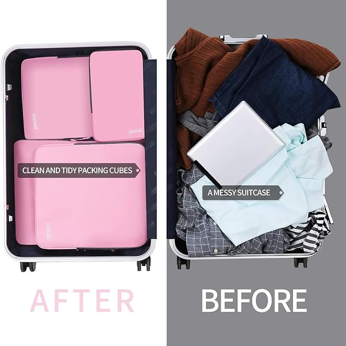 BAGAIL 4 Set/6 Set/8 Set Compression Packing Cubes Travel Accessories Expandable Packing Organizers (Cloth Pattern, 4-Pink)