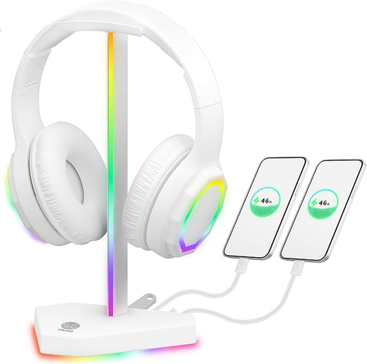 RGB Headphone Stand with 2 USB-C Charging Port and 1 USB Charging Port, Desk Gaming Headset Holder with 7 Light Modes and Non-Slip Rubber Base Suitable for All Earphone Accessories (White)